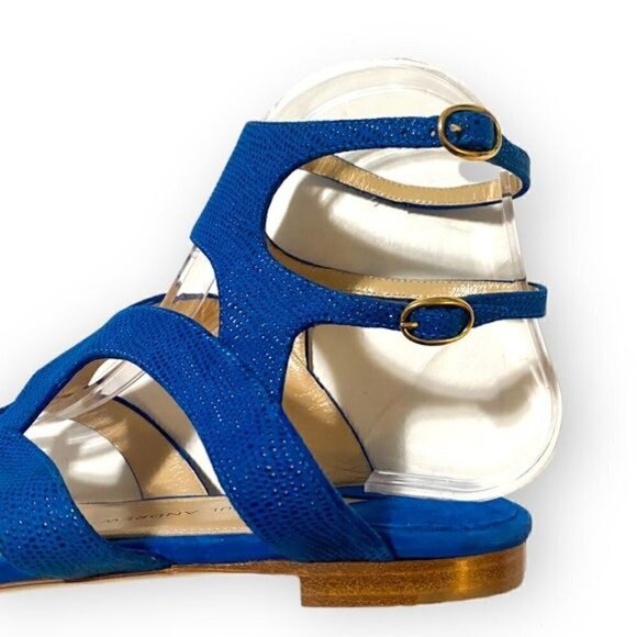 Paul Andrew double ankle strap flat thong sandals in blue embossed suede, New - Picture 10 of 12